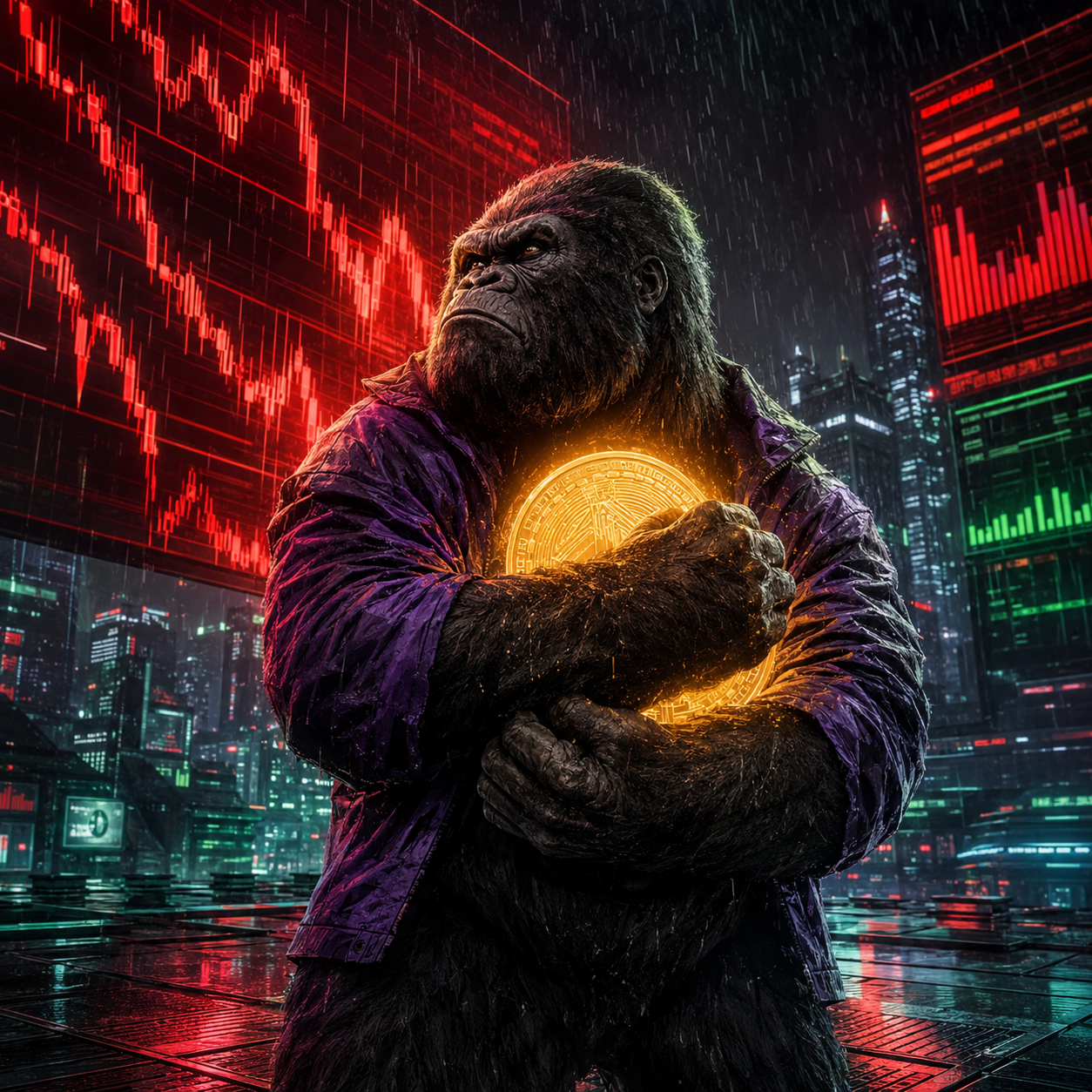 The Hodler Ape holding the coin through a red market